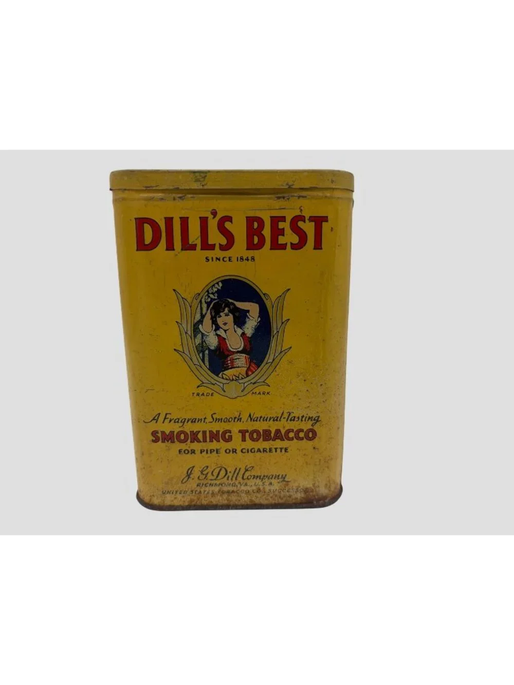 Vintage Dill's Best Smoking Tobacco Tin J.G. Dill Richmond Virginia Yellow 1930s